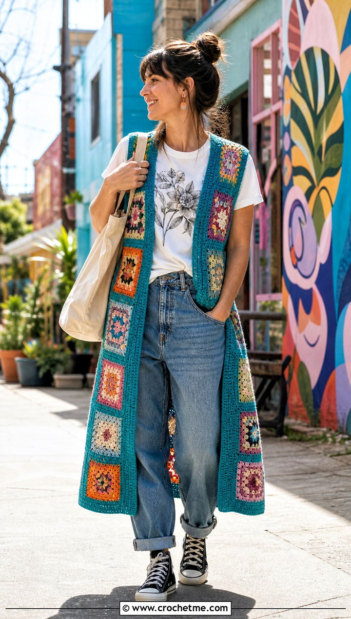 Patchwork Crochet Long Vest With Barrel Jeans - 25 Easy Crochet Long Vest outfit ideas