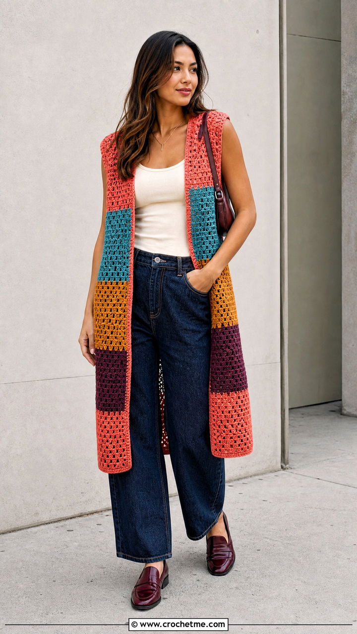 Patchwork Crochet Long Vest With Barrel Jeans - 35 Crochet Long Vest outfit ideas