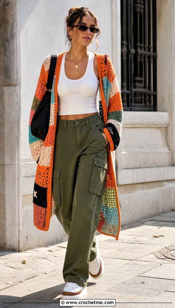 Patchwork Crochet Longline Cardigan With Cargo Pants - 20 Crochet Longline Cardigan outfit ideas