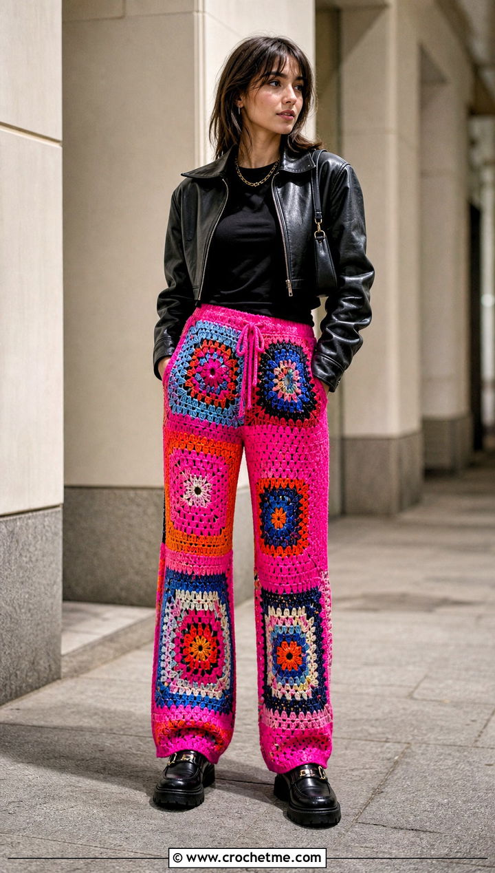 Patchwork Crochet Lounge Pants With A Leather Jacket - 30 crochet lounge pants outfit ideas