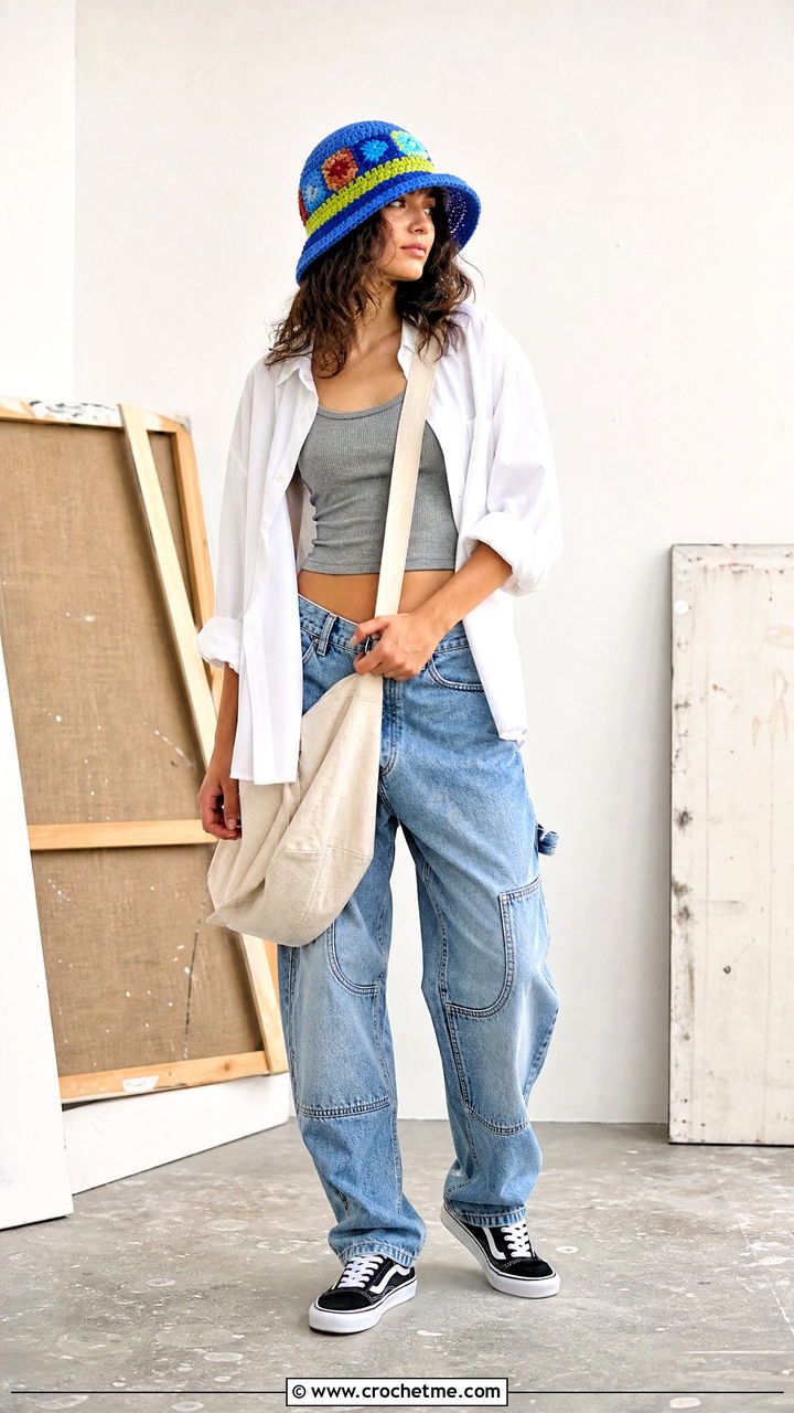 Patchwork Crochet Luffy Hat With Carpenter Jeans - 35 crochet luffy hat outfit ideas