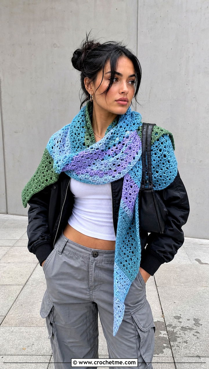 Patchwork Crochet Mantle Scarf With Bomber Jacket And Cargo Pants - 20 Crochet Mantle Scarf outfit ideas