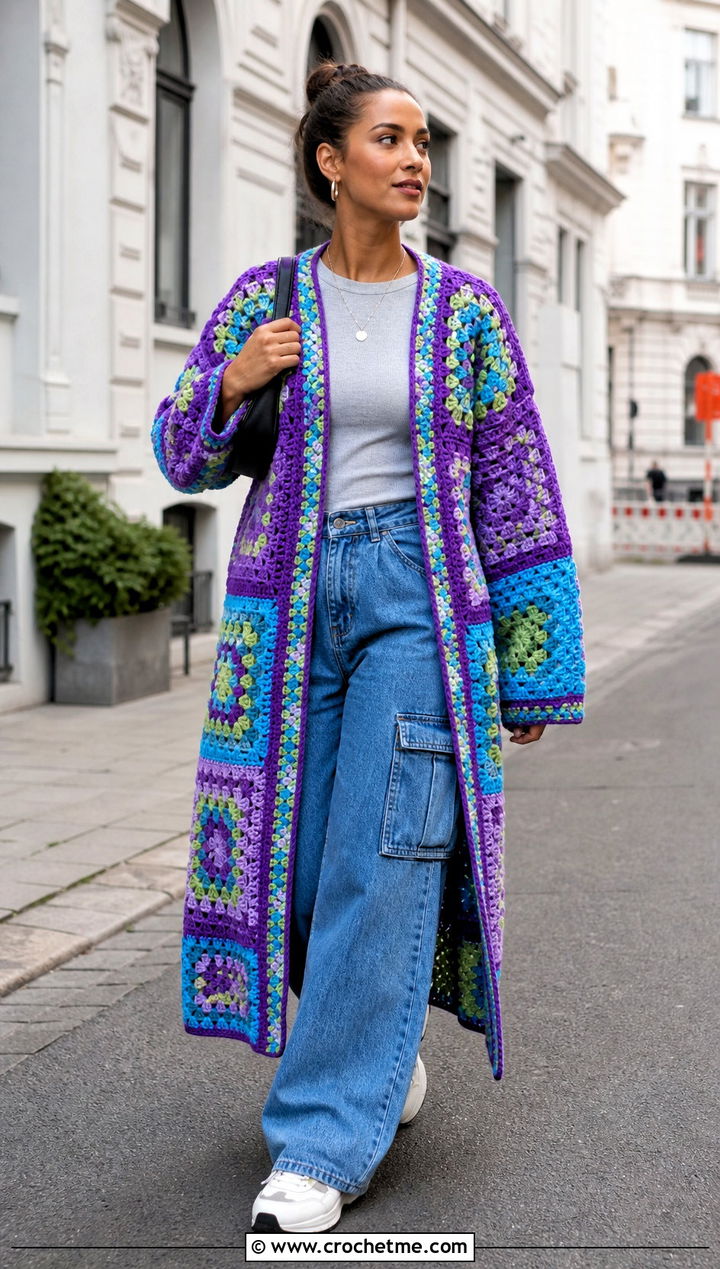 Patchwork Crochet Maxi Coat With Cargo Jeans - 35 crochet long coat outfit ideas
