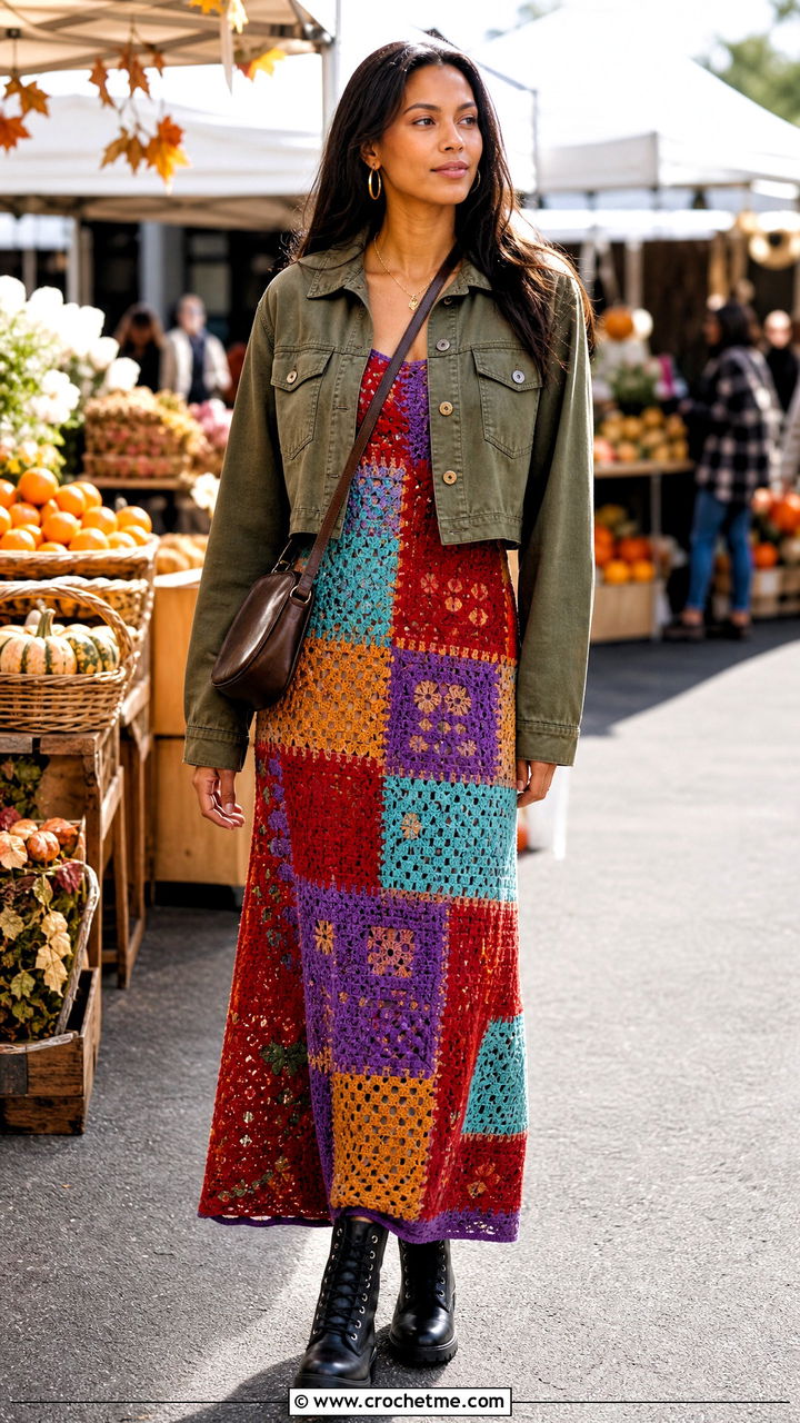 Patchwork Crochet Maxi Dress With Military Jacket - 35 Crochet Maxi Dress outfit ideas