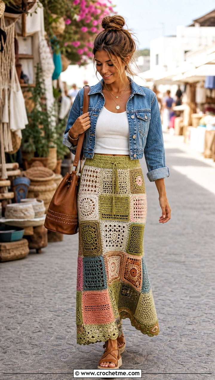 Patchwork Crochet Maxi Skirt With Denim Jacket - 30 diy crochet skirt outfit ideas