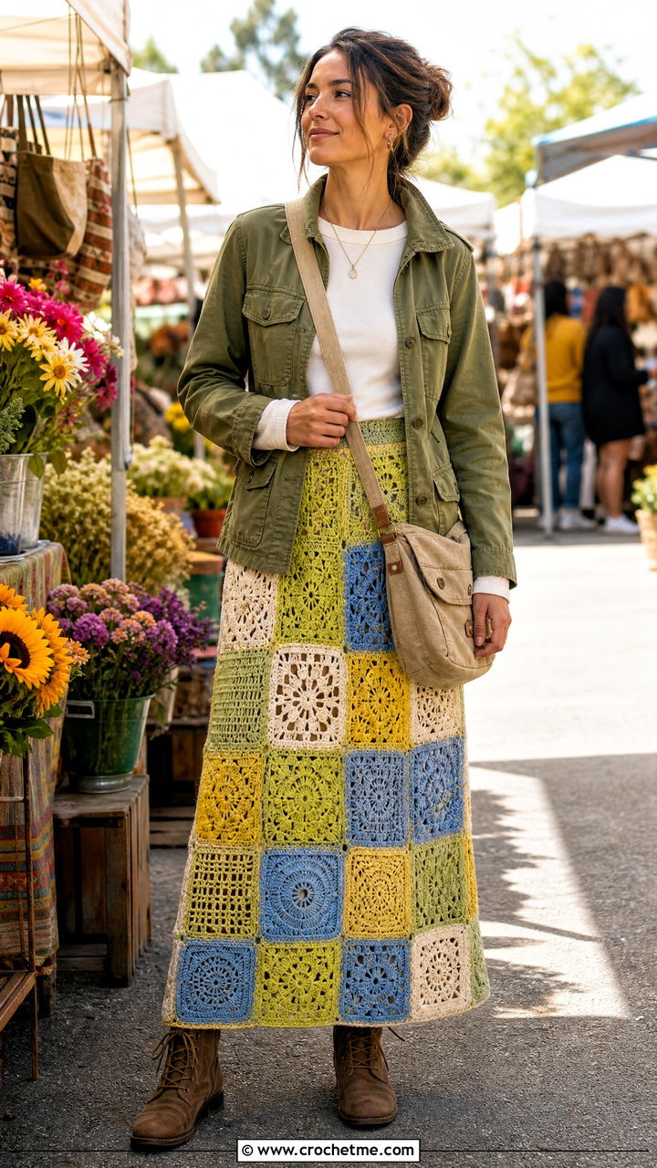 Patchwork Crochet Maxi Skirt With Field Jacket - 35 crochet skirts outfit ideas