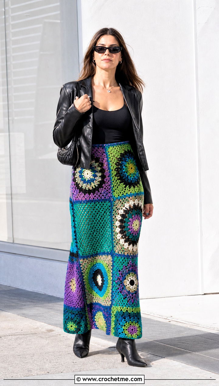 Patchwork Crochet Maxi Skirt With Leather Jacket - 25 Simple Crochet Skirt outfit ideas