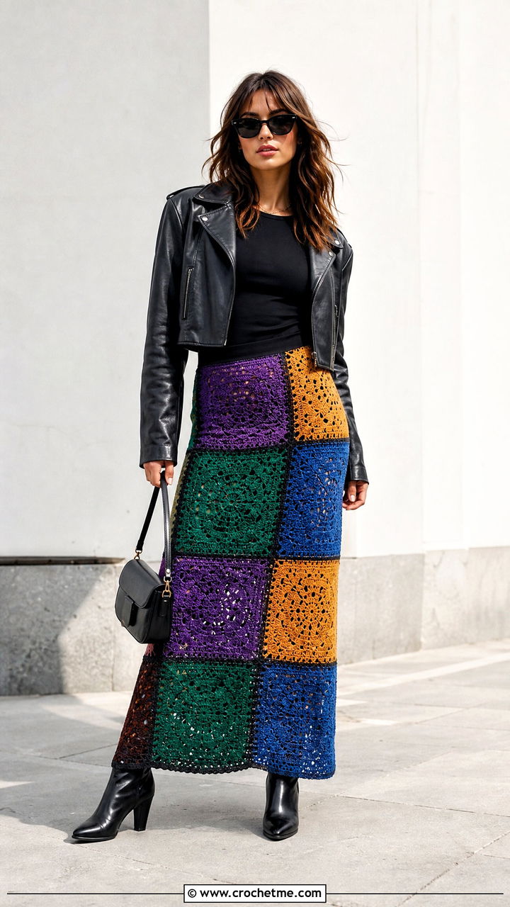 Patchwork Crochet Maxi Skirt With Leather Jacket - 35 crochet maxi skirt outfit ideas