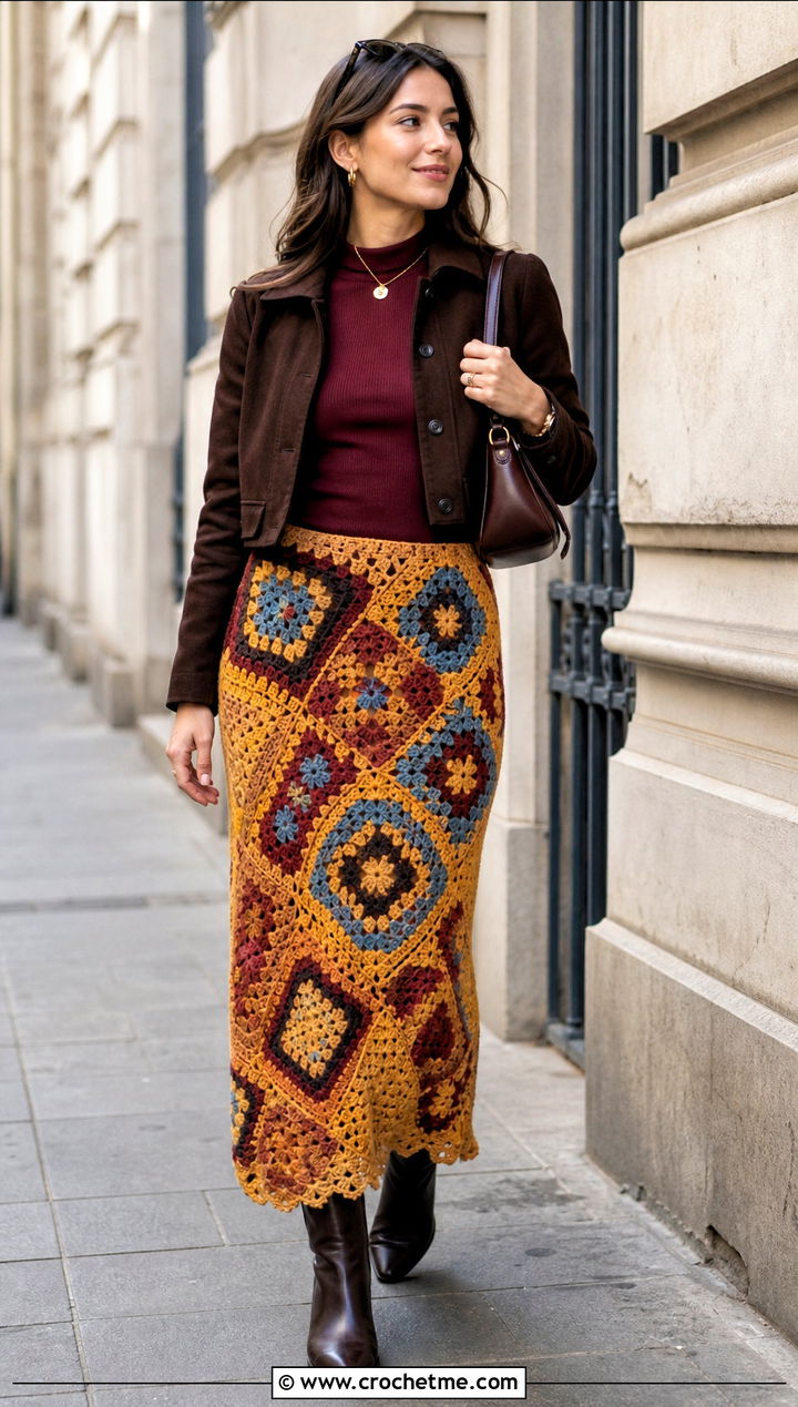 Patchwork Crochet Maxi Skirt With Mock Neck Top And Ankle Boots - 25 Sunday Kalogeras Crochet Skirt outfit ideas
