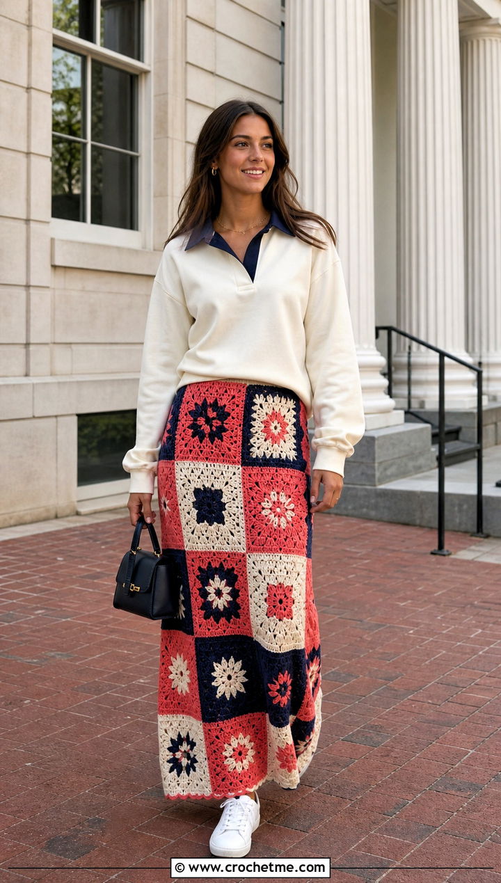 Patchwork Crochet Maxi Skirt With Rugby Shirt - 30 crocheted maxi skirt outfit ideas