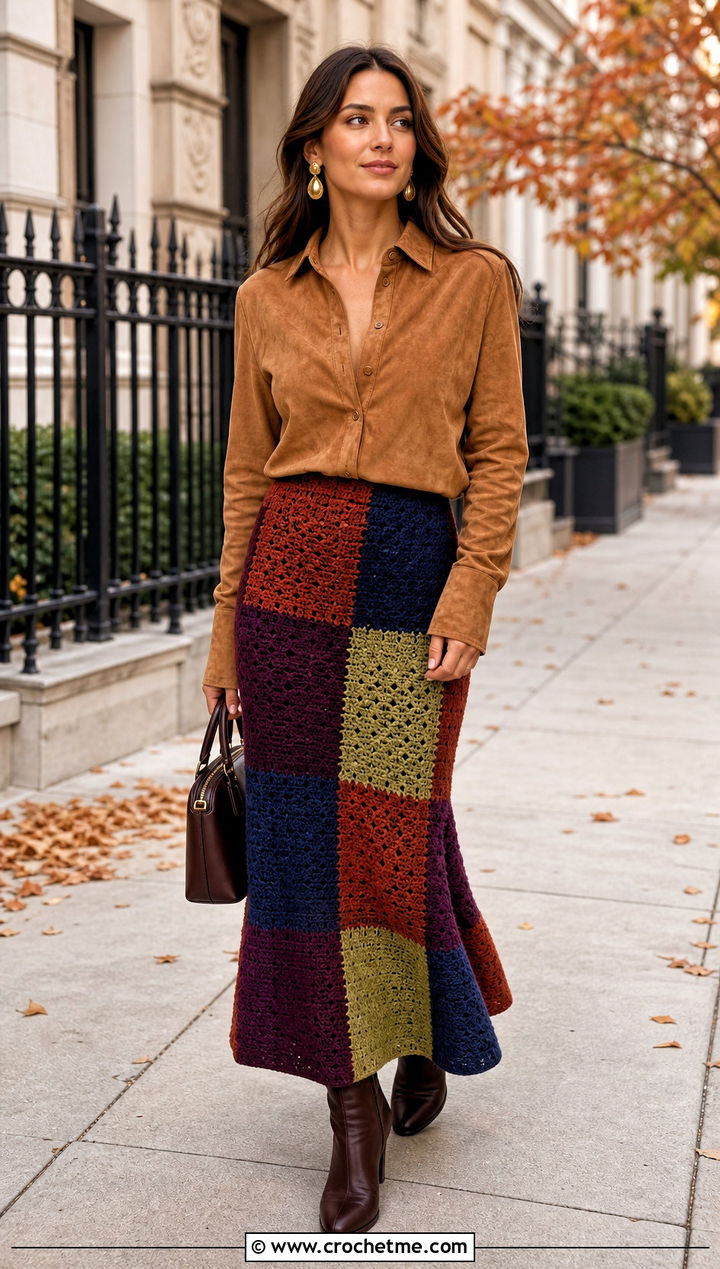 Patchwork Crochet Maxi Skirt With Suede Shirt - 35 long crochet skirt outfit ideas