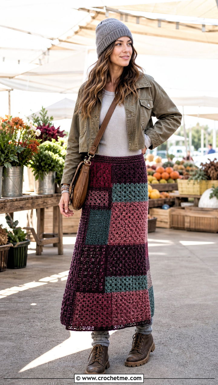 Patchwork Crochet Maxi Skirt With Utility Jacket - 35 crochet winter skirt outfit ideas