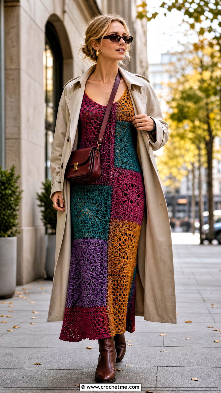 Patchwork Crochet Maxi Sundress With Trench Coat - 35 crochet sundress outfit ideas
