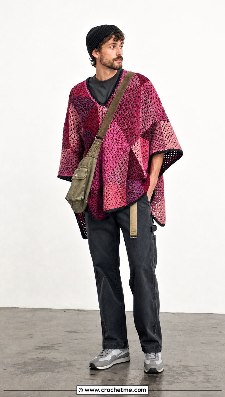 Patchwork Crochet Mens Poncho With Carpenter Jeans - 25 crochet men's poncho outfit ideas