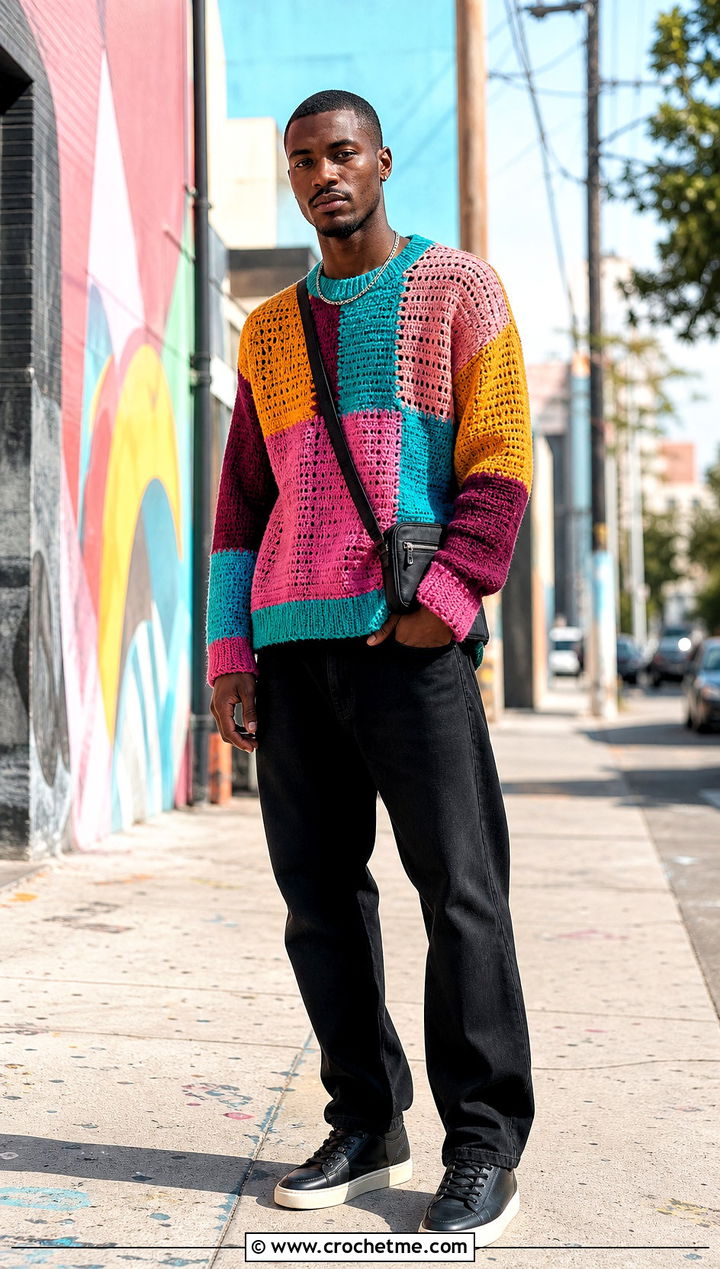 Patchwork Crochet Mens Pullover With Black Jeans - 15 crochet mens pullover outfit ideas