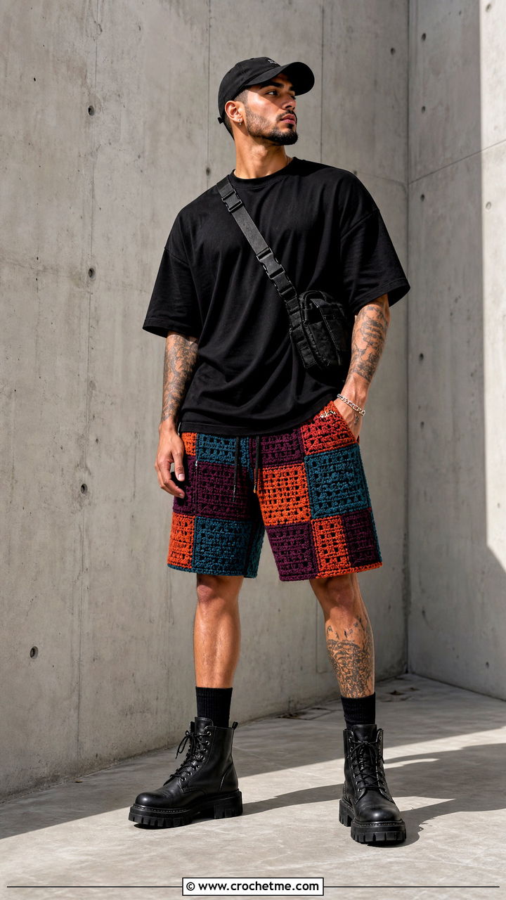 Patchwork Crochet Mens Shorts With Black T Shirt - 35 Crochet Mens Shorts outfit ideas