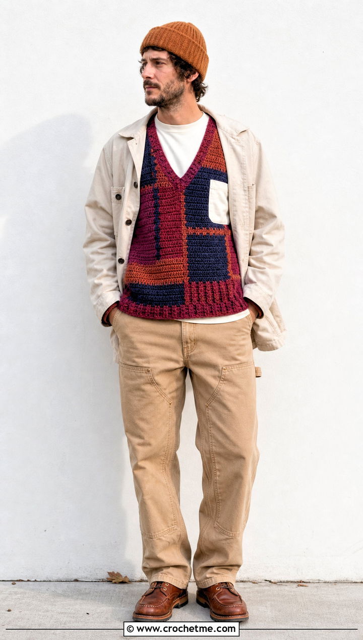 Patchwork Crochet Mens Sweater Vest With Workwear Pants - 25 crochet mens sweater vest outfit ideas