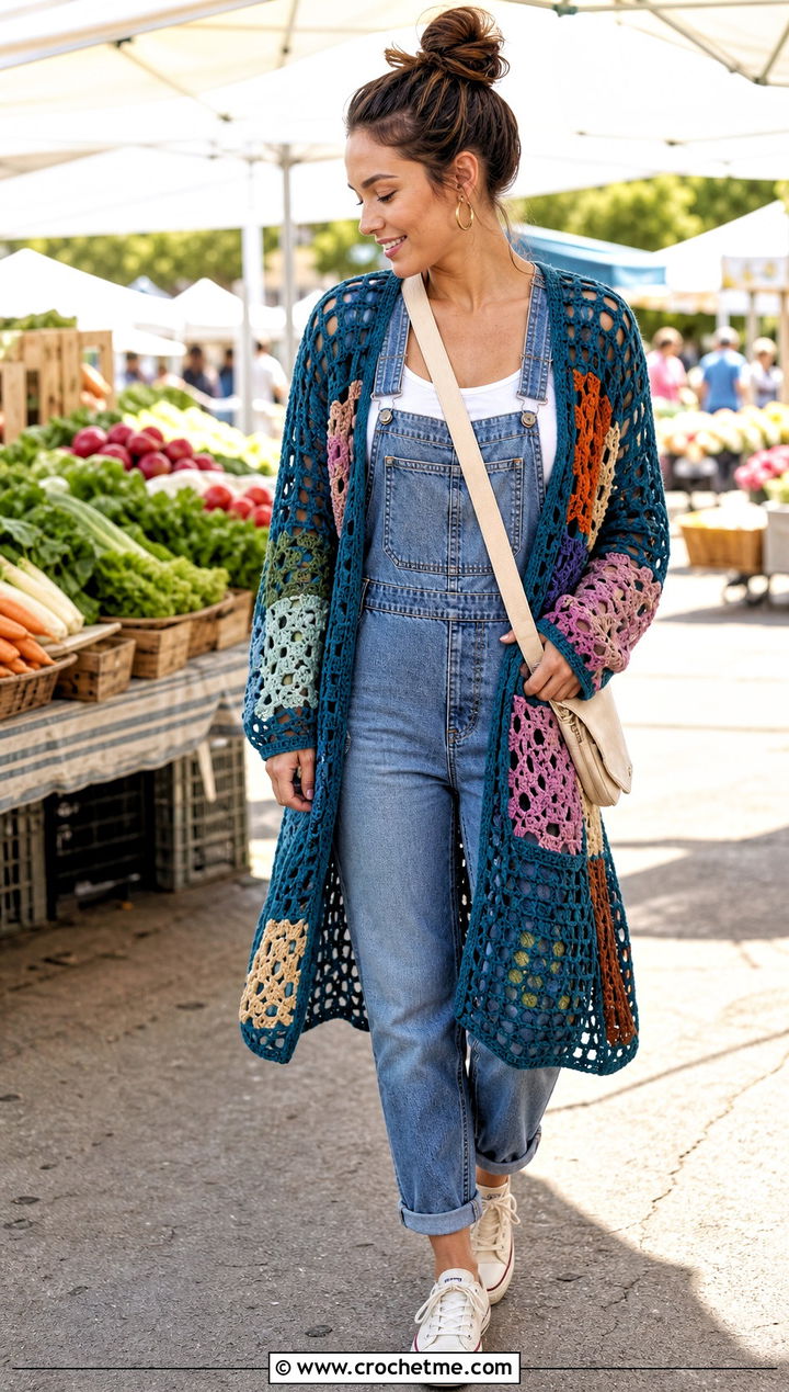 Patchwork Crochet Mesh Cardigan With Overalls - 35 crochet mesh cardigan outfit ideas