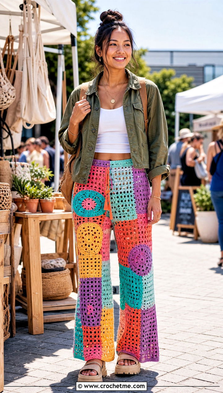 Patchwork Crochet Mesh Pants With Utility Jacket - 35 crochet mesh pants outfit ideas