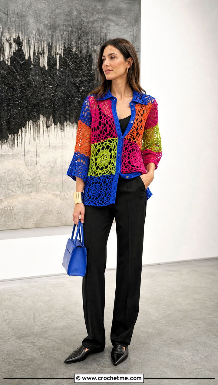 Patchwork Crochet Mesh Shirt With Black Trousers - 30 crochet mesh shirt outfit ideas