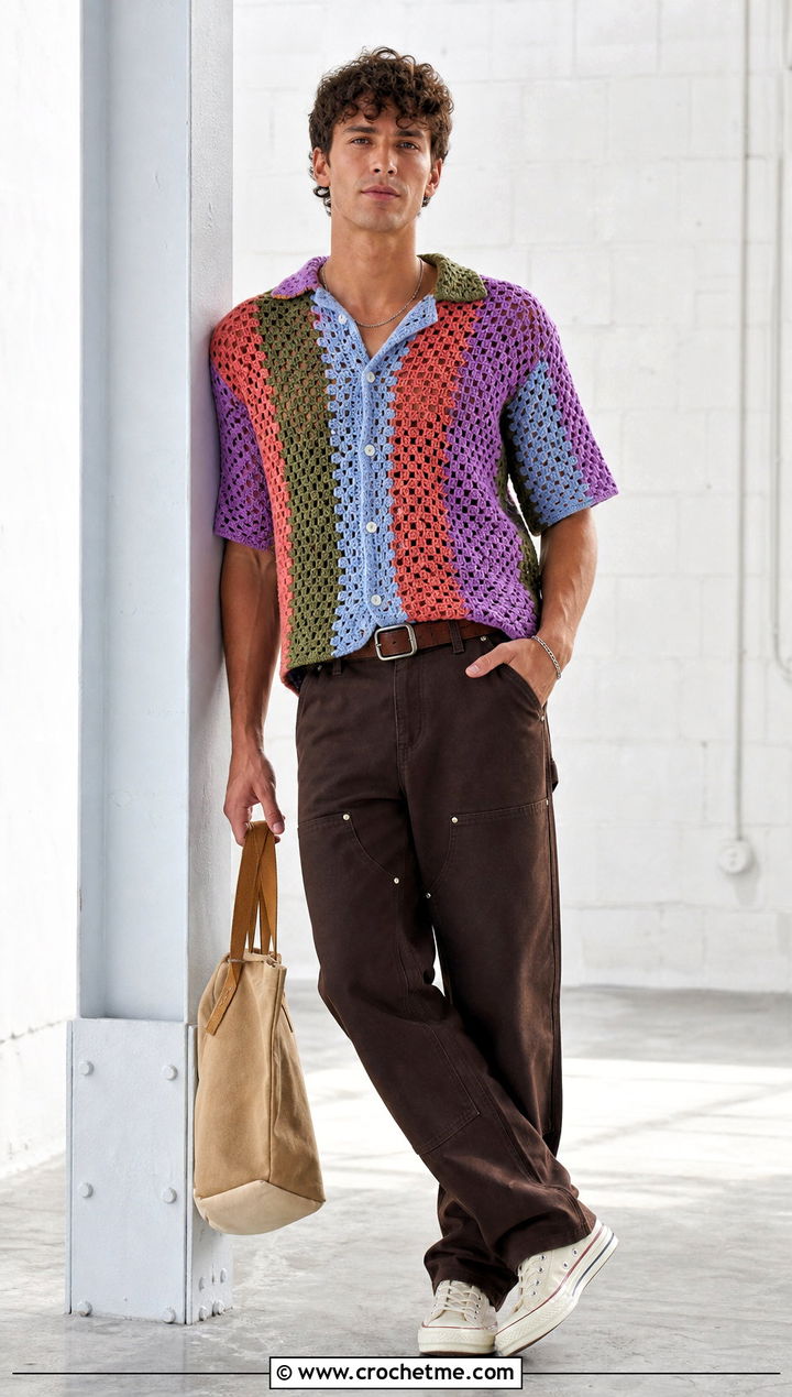 Patchwork Crochet Mesh Shirt With Double Knee Pants - 25 Men Crochet Mesh Shirt outfit ideas