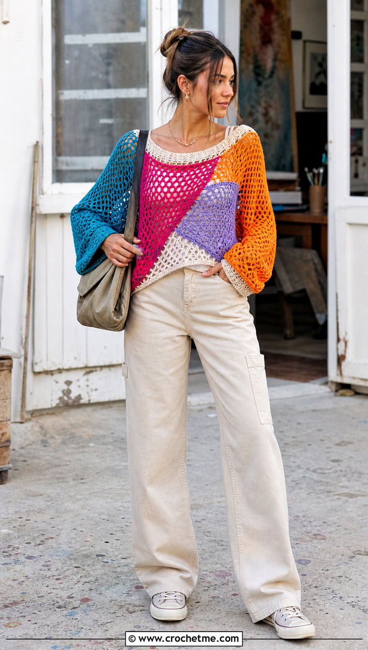 Patchwork Crochet Mesh Sweater With Carpenter Jeans - 35 oversized crochet mesh sweater outfit ideas