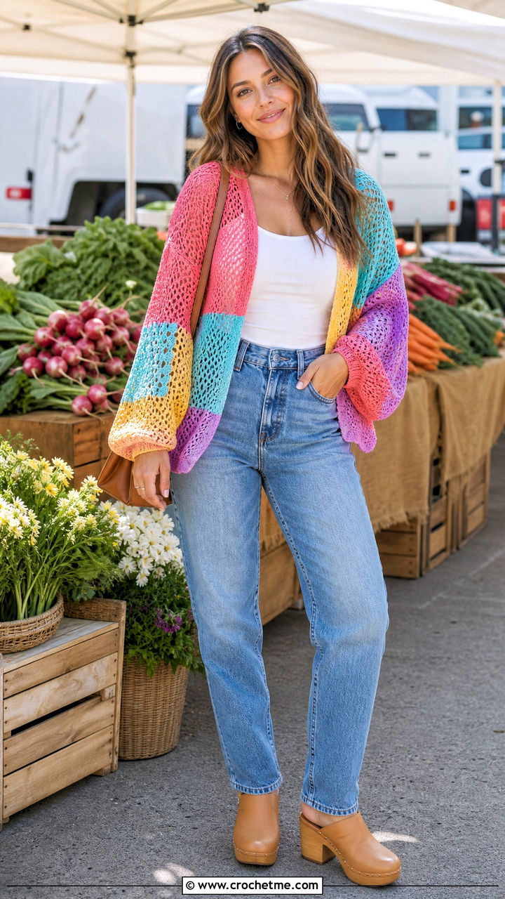 Patchwork Crochet Mesh Sweater With Mom Jeans - 35 crochet mesh sweater outfit ideas