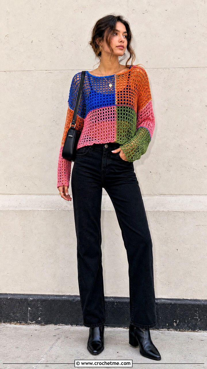 Patchwork Crochet Mesh Top With Black Denim - 35 crochet mesh top outfit ideas