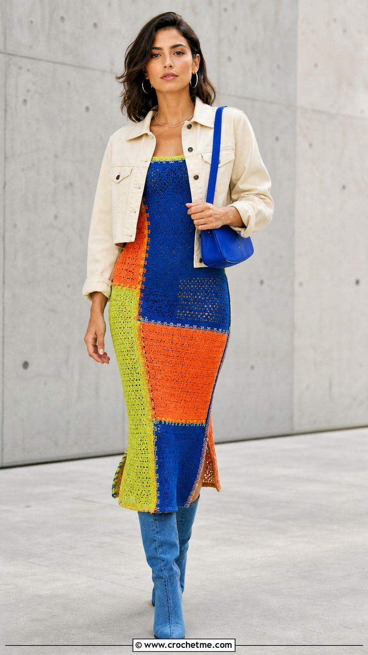 Patchwork Crochet Midi Dress With Denim Boots - 35 easy crochet dress outfit ideas
