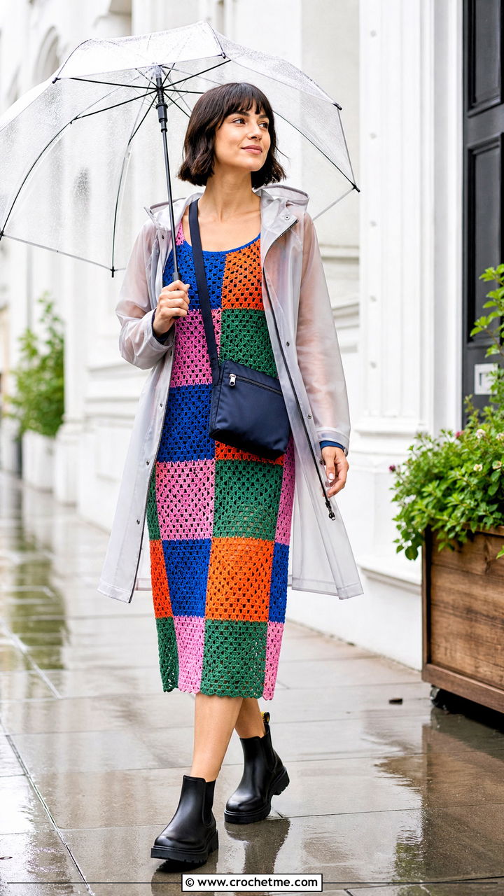 Patchwork Crochet Midi Dress With Raincoat And Chelsea Boots - 35 crochet dress outfits ideas