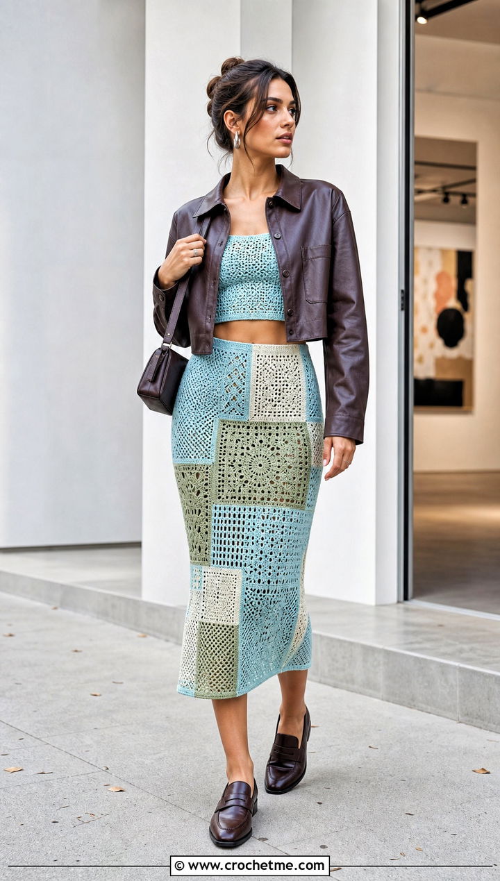 Patchwork Crochet Midi Skirt Set With Leather Shirt - 35 Crochet Skirts Set Outfit ideas