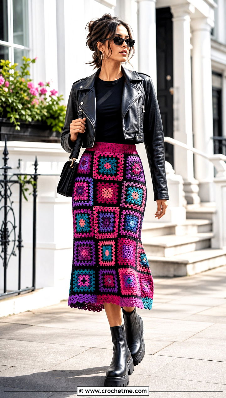 Patchwork Crochet Midi Skirt With Leather Jacket - 25 Boho Crochet Skirt outfit ideas
