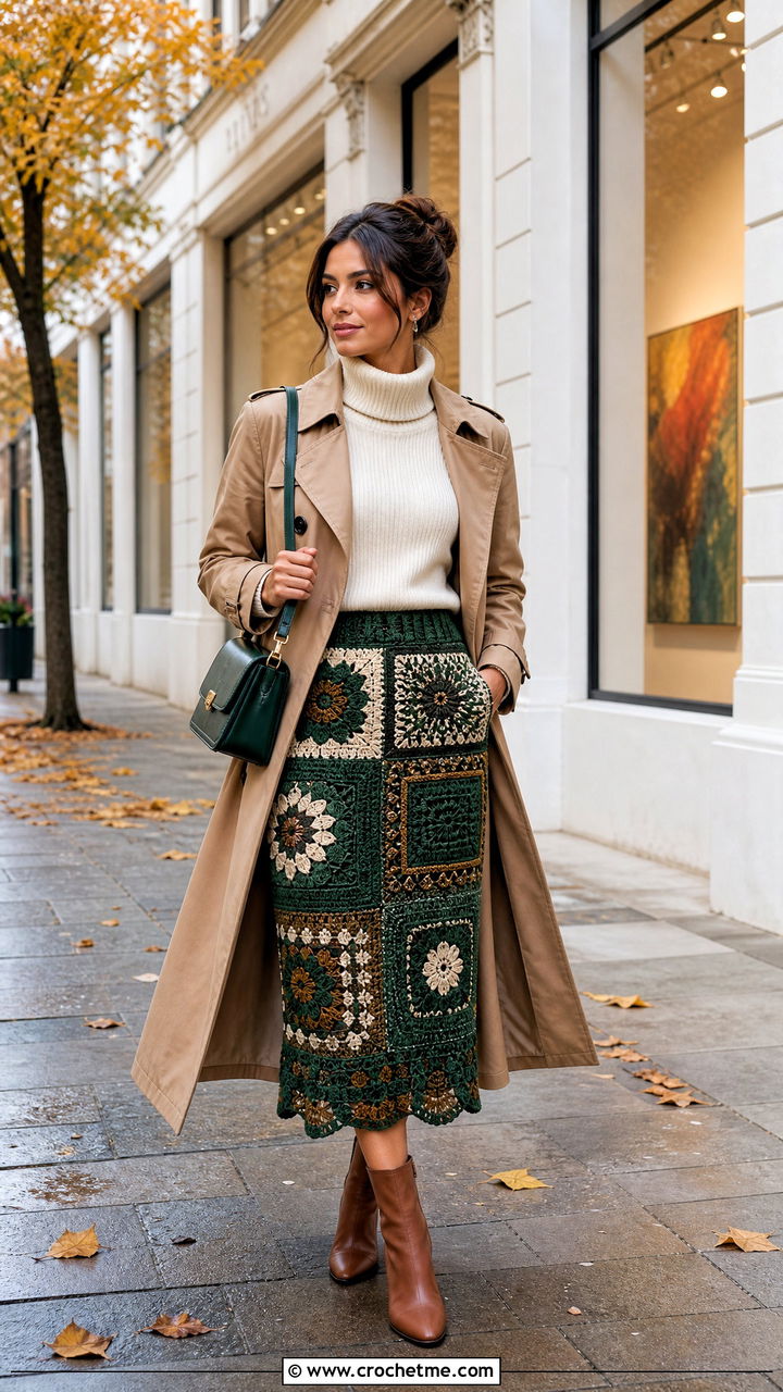 Patchwork Crochet Midi Skirt With Trench Coat - 35 crochet midi skirt outfit ideas