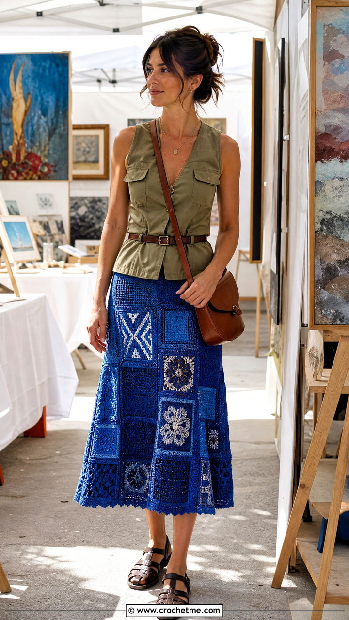 Patchwork Crochet Midi Skirt With Utility Vest - 35 crochet summer skirt outfit ideas