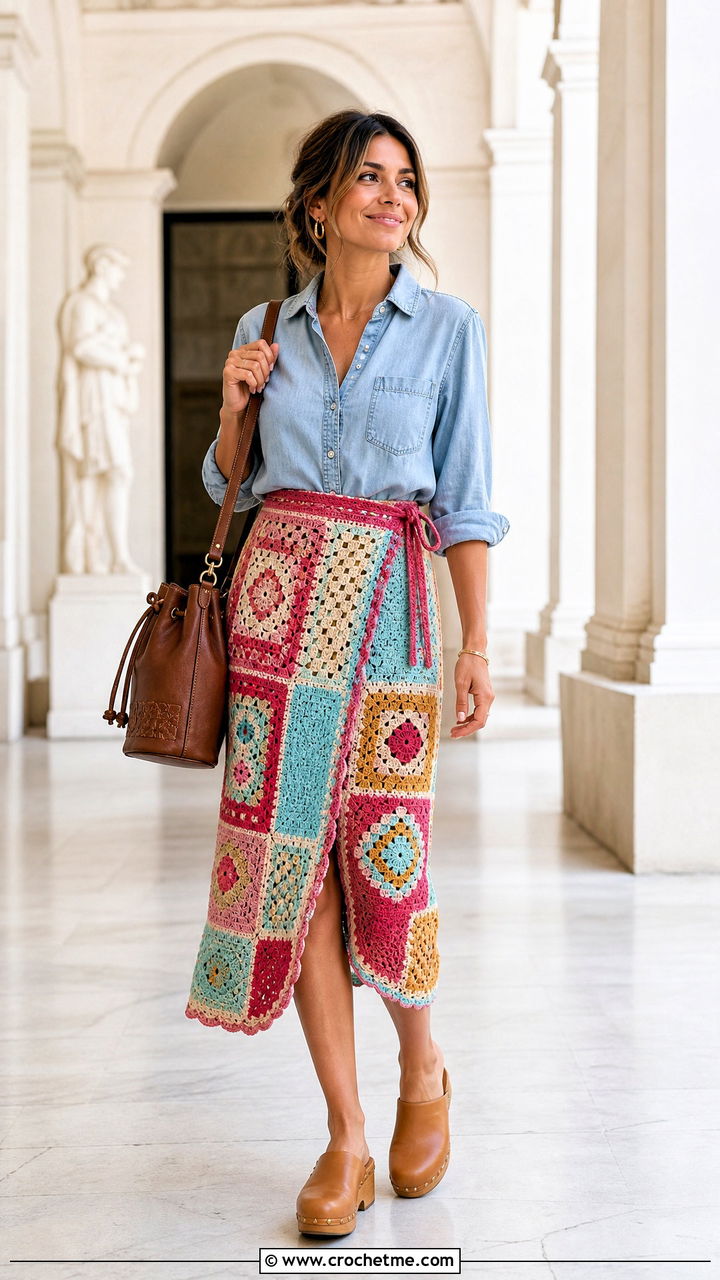 Patchwork Crochet Midi Wrap Skirt With Chambray Shirt - 35 crochet wrap skirt outfit ideas