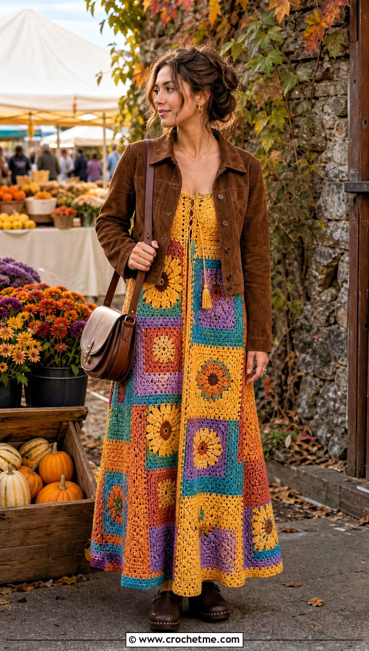 Patchwork Crochet Milkmaid Dress With Suede Jacket - 30 crochet milkmaid dress outfit ideas