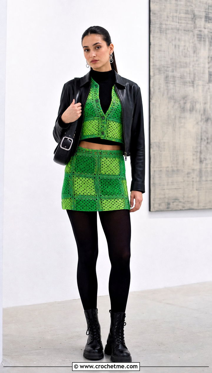 Patchwork Crochet Mini Set With Leather Jacket And Combat Boots - 25 Crochet Skirt And Cardigan Set outfit ideas