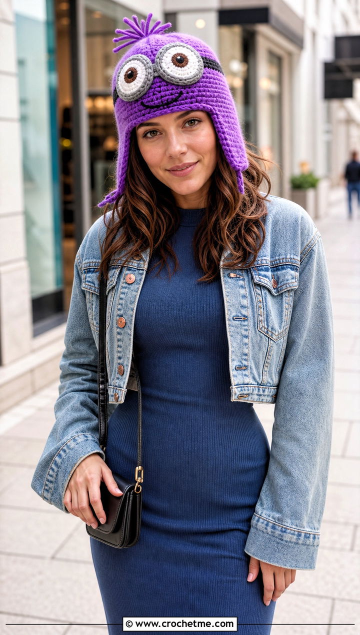 Patchwork Crochet Minion Hat With Knit Dress - 20 Crochet Minion Hats outfit ideas