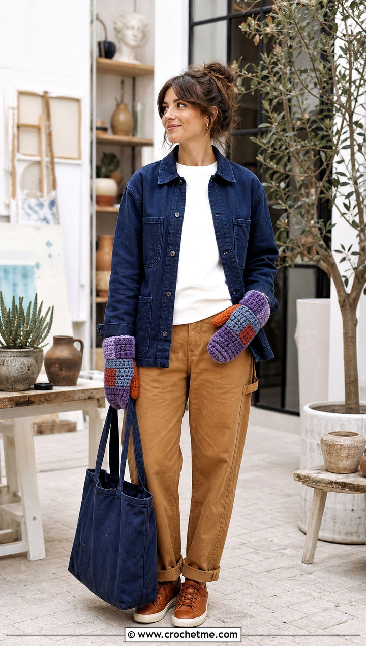 Patchwork Crochet Mittens With Chore Jacket - 35 easy crochet mittens for beginners outfit ideas