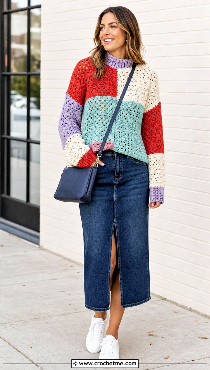 Patchwork Crochet Mock Neck Sweater With Denim Midi Skirt - 25 Crochet Mock Neck Sweater outfit ideas