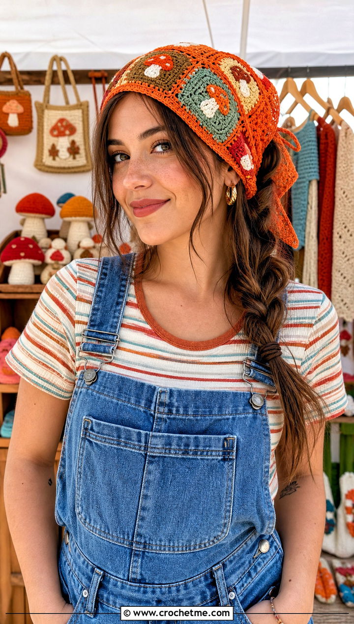 Patchwork Crochet Mushroom Bandana With Denim Overalls - 15 Crochet Mushroom Head Scarf outfit ideas
