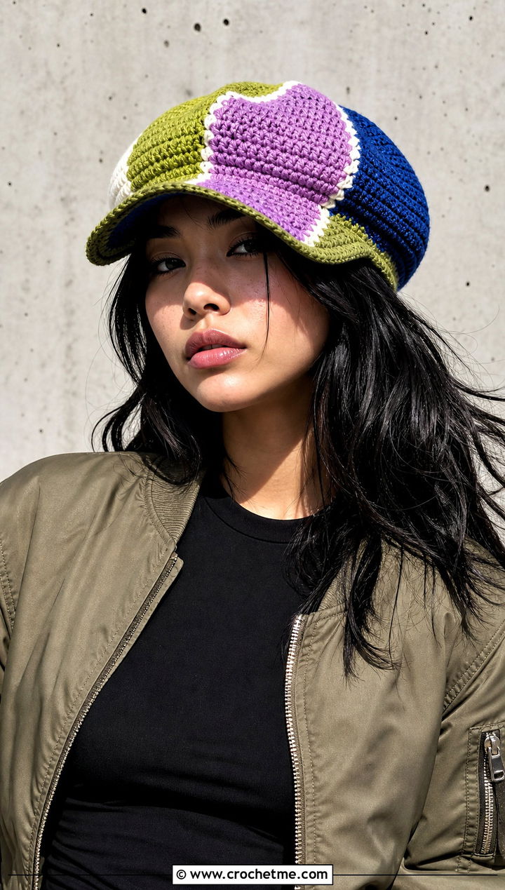 Patchwork Crochet Newsboy Hat With Cargo Pants - 25 newsboy crochet hat outfit ideas