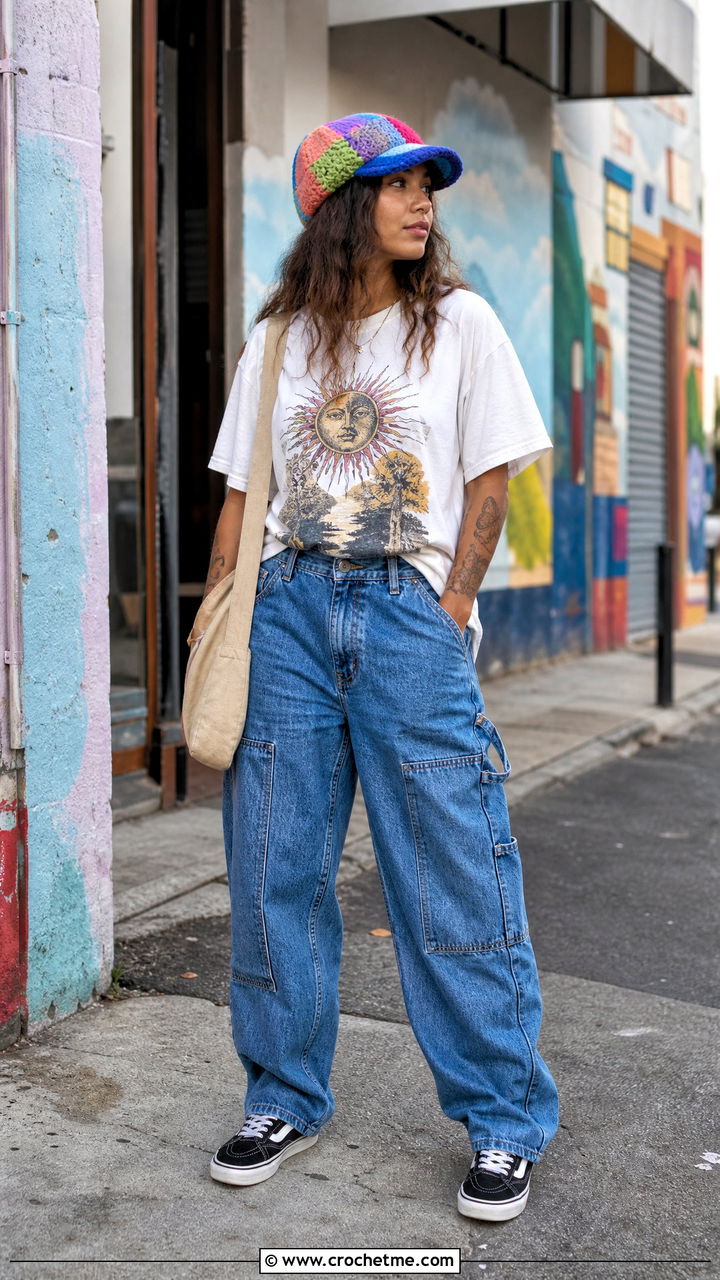 Patchwork Crochet Newsboy Hat With Graphic Tee And Carpenter Jeans - 35 crochet newsboy hat outfit ideas