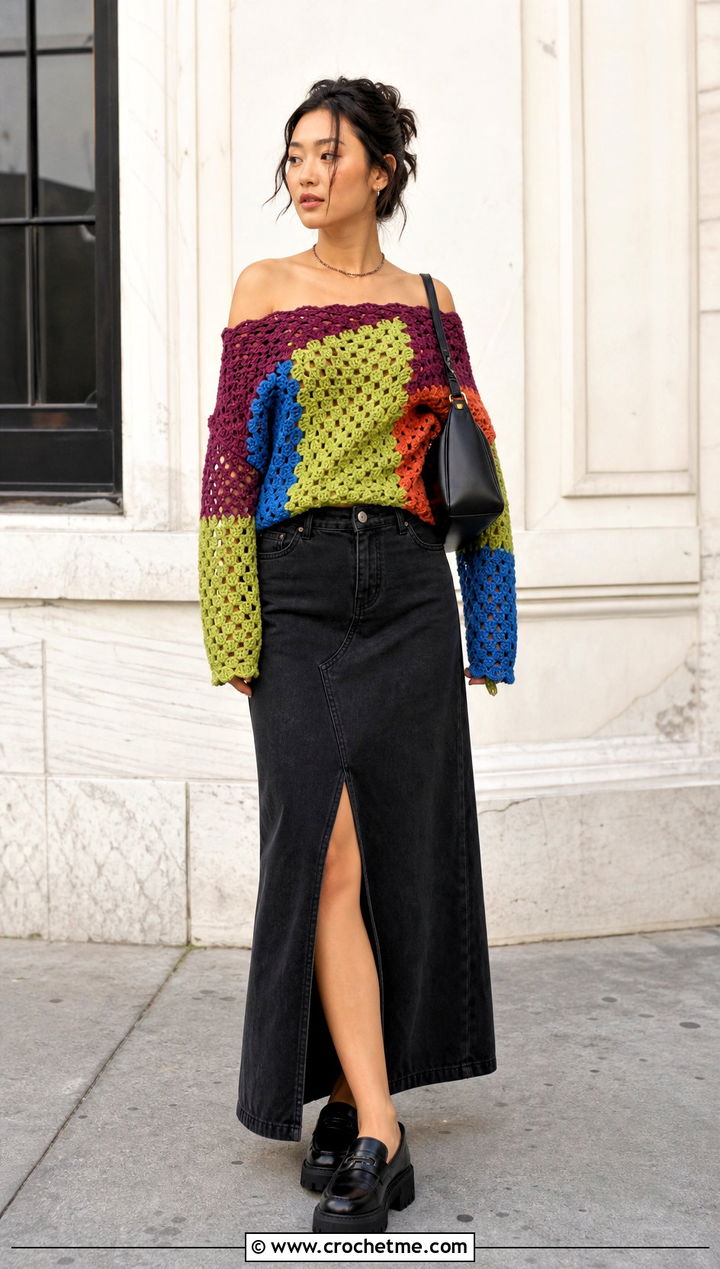 Patchwork Crochet Off Shoulder Sweater With Black Denim Maxi Skirt - 25 Crochet Over The Shoulder Sweater outfit ideas