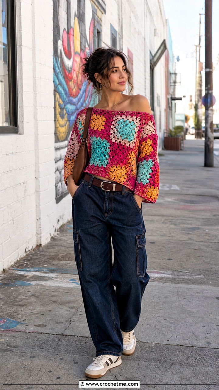 Patchwork Crochet Off Shoulder Top With Carpenter Jeans - 35 Crochet Off Shoulder Top outfit ideas