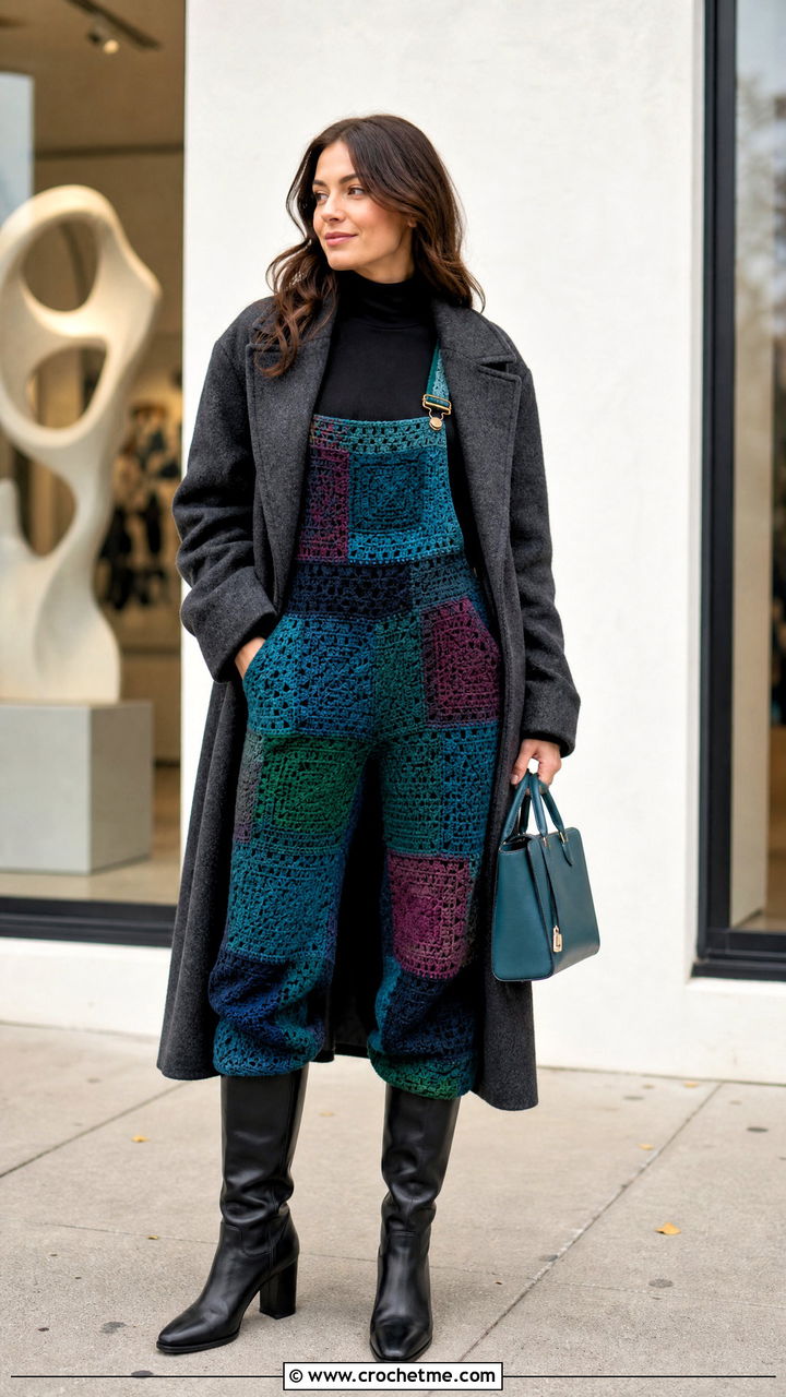 Patchwork Crochet Overalls With Black Turtleneck - 35 crochet overalls outfit ideas