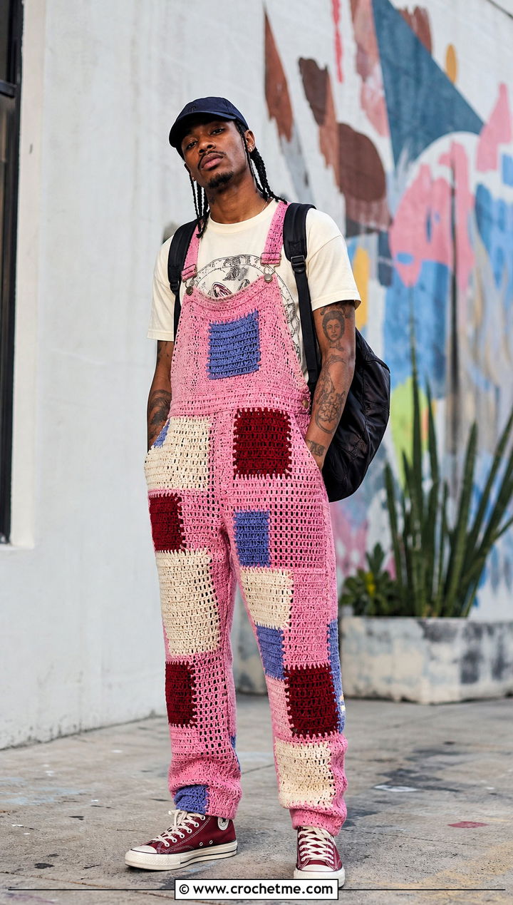 Patchwork Crochet Overalls With Graphic T Shirt - 15 crochet overalls men outfit ideas