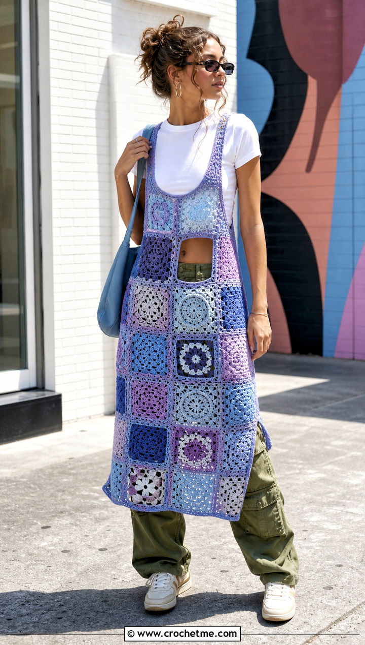 Patchwork Crochet Overlay Dress With Cargo Pants - 25 Crochet Overlay Dress outfit ideas