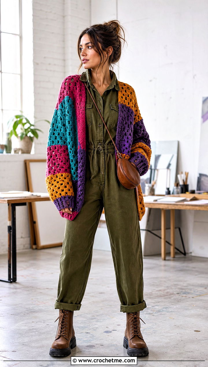 Patchwork Crochet Oversize Sweater With Utility Jumpsuit - 20 Crochet Oversize Sweater outfit ideas