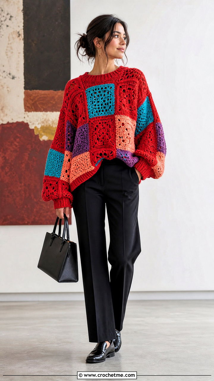 Patchwork Crochet Oversized Sweater With Black Trousers - 35 crochet oversized sweater outfit ideas
